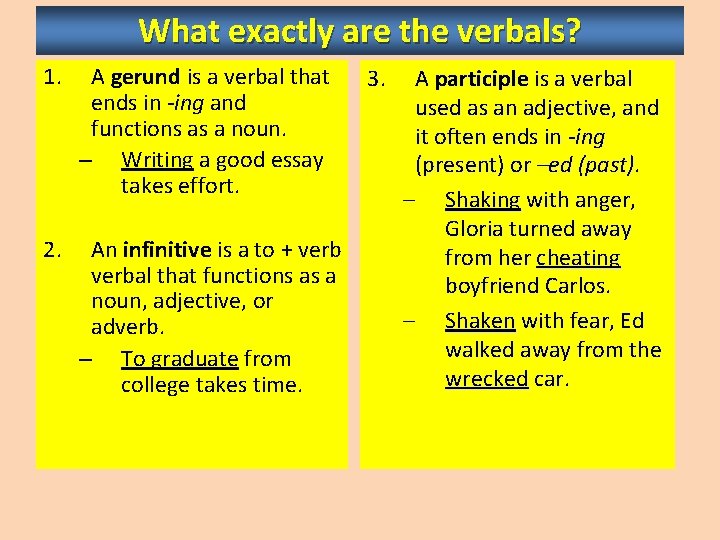 What exactly are the verbals? 1. A gerund is a verbal that ends in