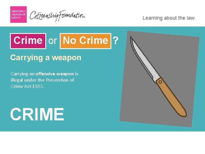 Learning about the law Crime or No Crime ? Carrying a weapon Carrying an