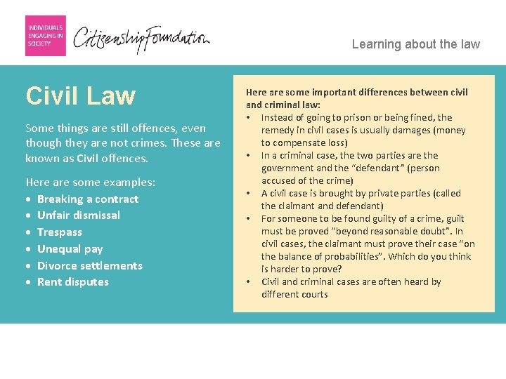 Learning about the law Civil Law Some things are still offences, even though they