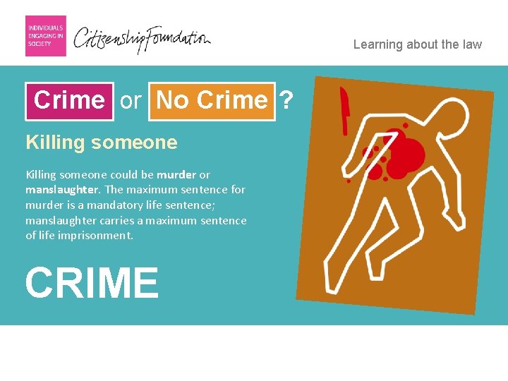 Learning about the law Crime or No Crime ? Killing someone could be murder