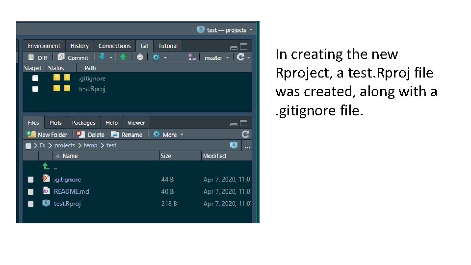 In creating the new Rproject, a test. Rproj file was created, along with a. In creating the new Rproject, a test. Rproj file was created, along with a.