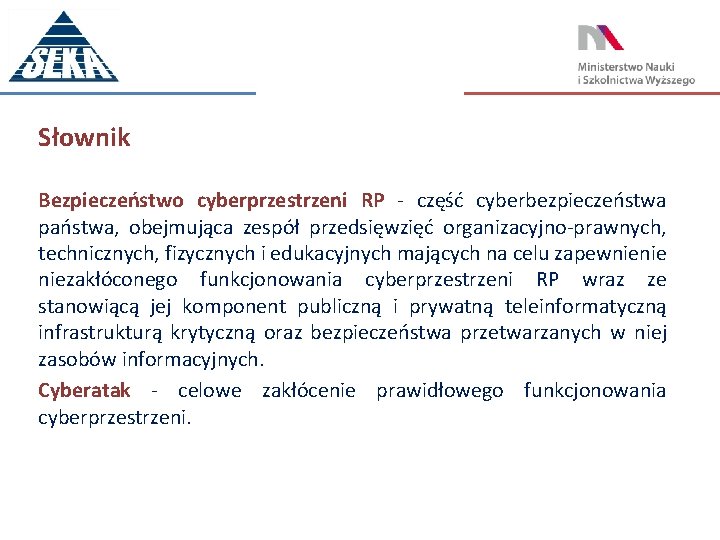 Słownik Bezpieczeństwo cyberprzestrzeni RP - część cyberbezpieczeństwa państwa, obejmująca zespół przedsięwzięć organizacyjno-prawnych, technicznych, fizycznych