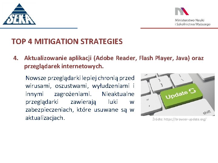TOP 4 MITIGATION STRATEGIES 4. Aktualizowanie aplikacji (Adobe Reader, Flash Player, Java) oraz przeglądarek