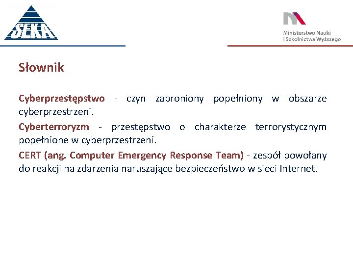 Słownik Cyberprzestępstwo - czyn zabroniony popełniony w obszarze cyberprzestrzeni. Cyberterroryzm - przestępstwo o charakterze