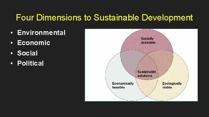 Four Dimensions to Sustainable Development • • Environmental Economic Social Political 