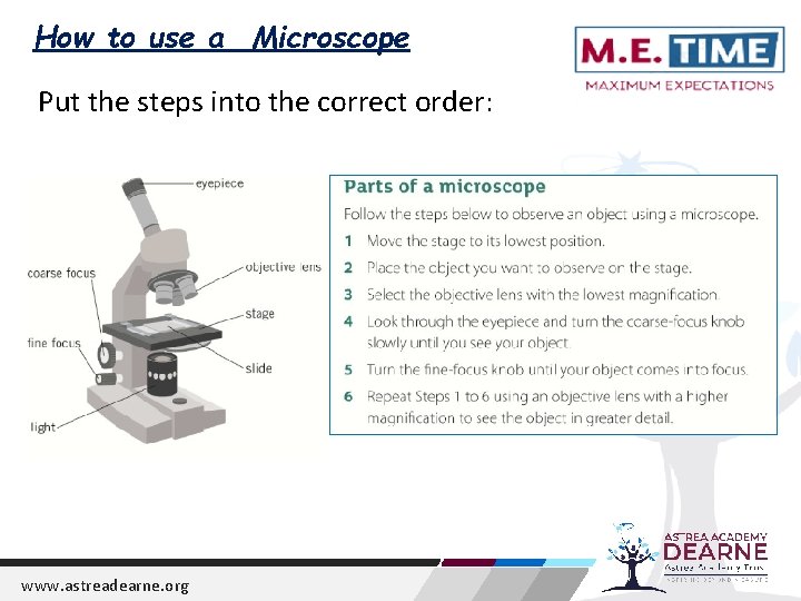 How to use a Microscope Put the steps into the correct order: www. astreadearne.