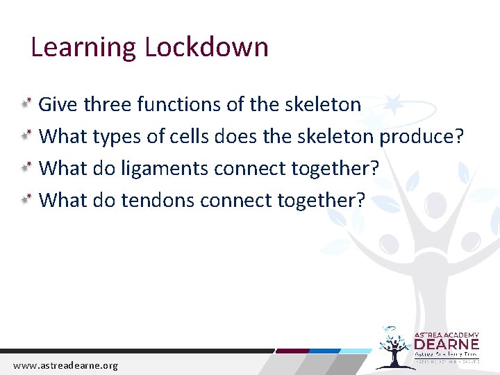 Learning Lockdown Give three functions of the skeleton What types of cells does the