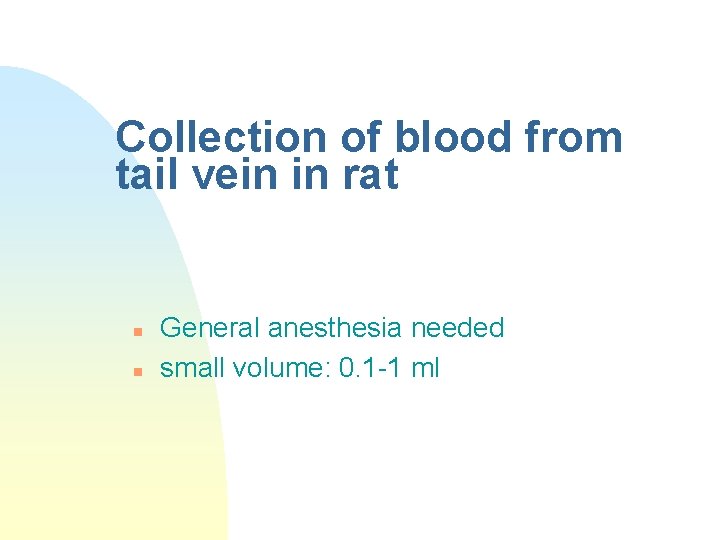 Collection of blood from tail vein in rat n n General anesthesia needed small