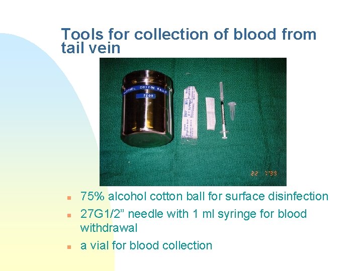 Tools for collection of blood from tail vein n 75% alcohol cotton ball for