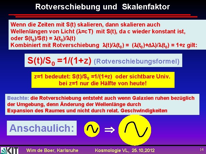 Rotverschiebung und Skalenfaktor Wenn die Zeiten mit S(t) skalieren, dann skalieren auch Wellenlängen von