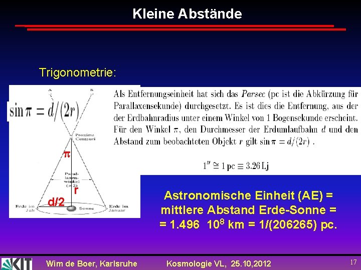 Kleine Abstände Trigonometrie: d/2 r Wim de Boer, Karlsruhe Astronomische Einheit (AE) = mittlere