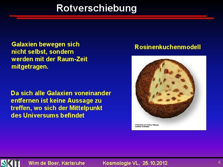 Rotverschiebung Galaxien bewegen sich nicht selbst, sondern werden mit der Raum-Zeit mitgetragen. Rosinenkuchenmodell Da
