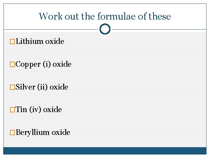 Work out the formulae of these �Lithium oxide �Copper (i) oxide �Silver (ii) oxide Work out the formulae of these �Lithium oxide �Copper (i) oxide �Silver (ii) oxide