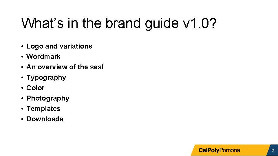 What’s in the brand guide v 1. 0? • • Logo and variations Wordmark