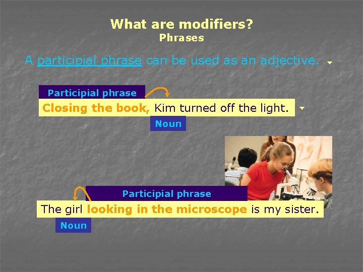 What are modifiers? Phrases A participial phrase can be used as an adjective. Participial