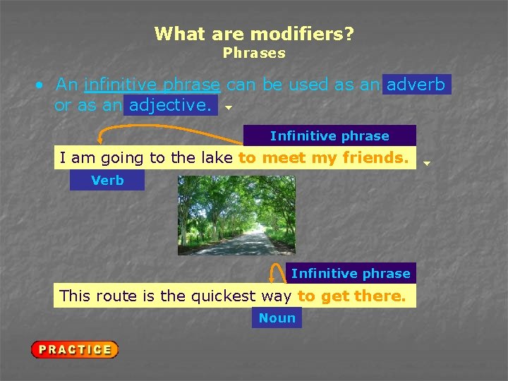 What are modifiers? Phrases • An infinitive phrase can be used as an adverb