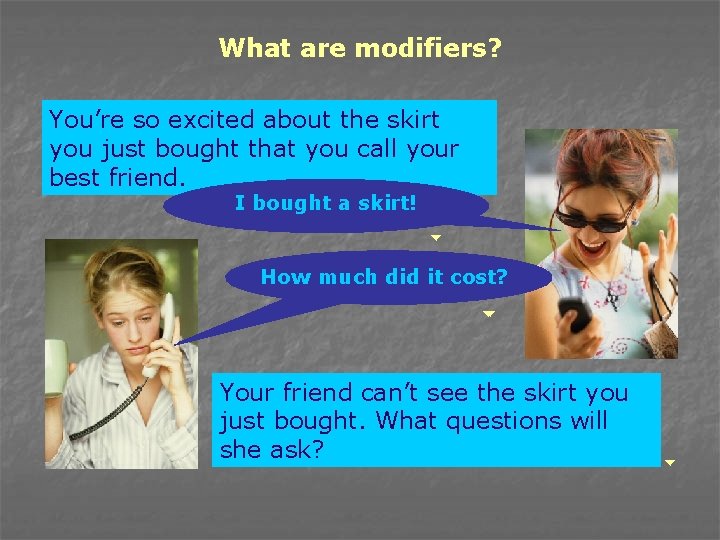 What are modifiers? You’re so excited about the skirt you just bought that you