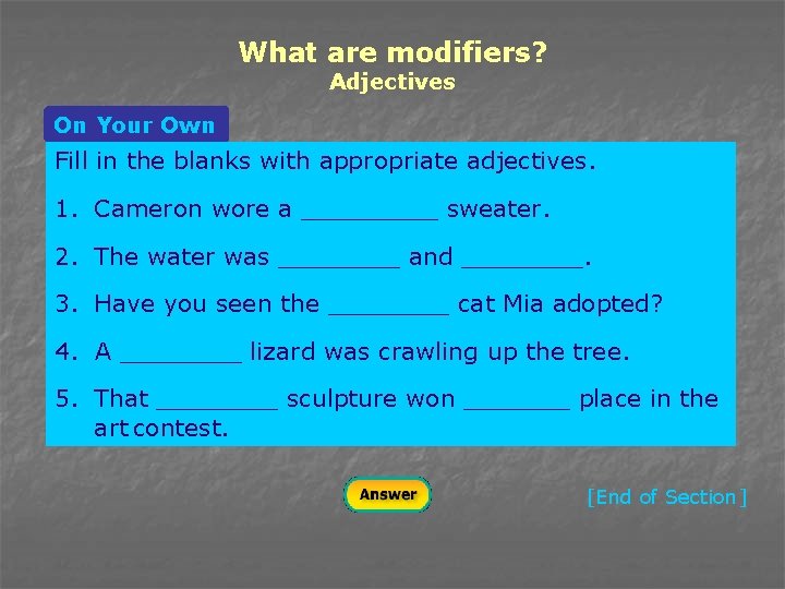 What are modifiers? Adjectives On Your Own Fill in the blanks with appropriate adjectives.