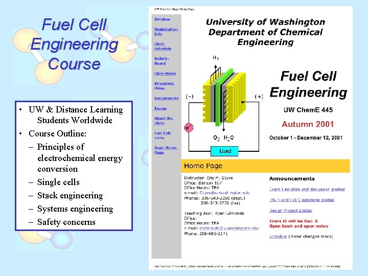 Fuel Cell Engineering Course • UW & Distance Learning Students Worldwide • Course Outline:
