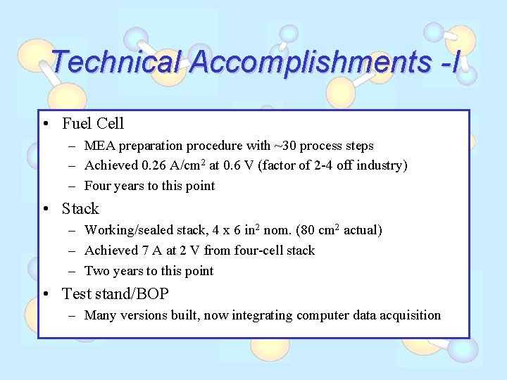 Technical Accomplishments -I • Fuel Cell – MEA preparation procedure with ~30 process steps