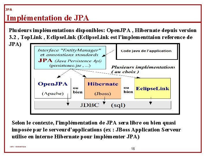 JPA Implémentation de JPA Plusieurs implémentations disponibles: Open. JPA , Hibernate depuis version 3.