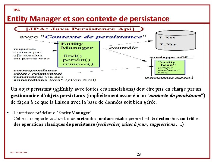 JPA Entity Manager et son contexte de persistance Un objet persistant (@Entity avec toutes JPA Entity Manager et son contexte de persistance Un objet persistant (@Entity avec toutes
