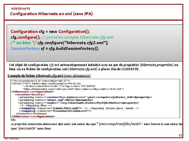 HIBERNATE Configuration Hibernate en xml (sans JPA) Configuration cfg = new Configuration(); cfg. configure();