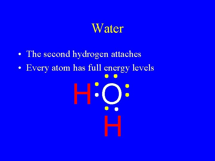 Water • The second hydrogen attaches • Every atom has full energy levels HO