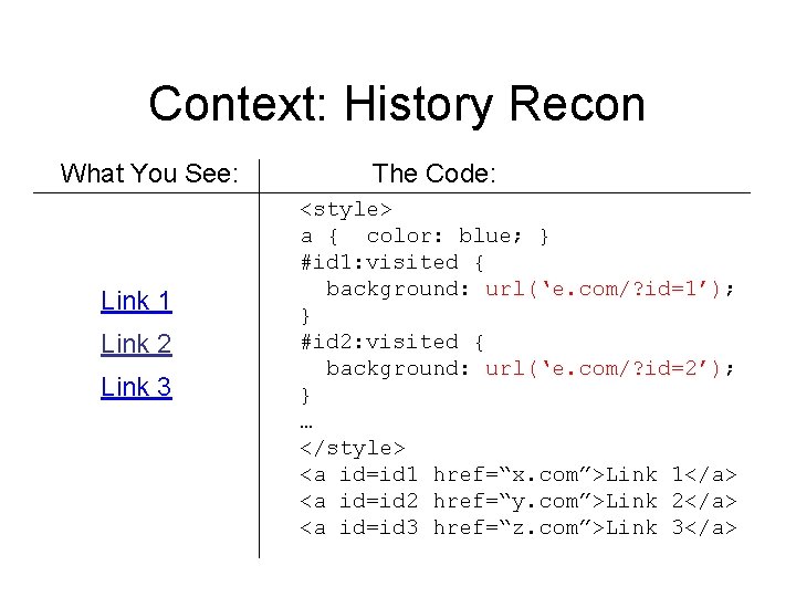 Context: History Recon What You See: Link 1 Link 2 Link 3 The Code: