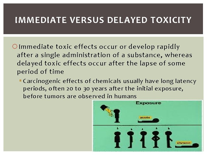 IMMEDIATE VERSUS DELAYED TOXICITY Immediate toxic effects occur or develop rapidly after a single