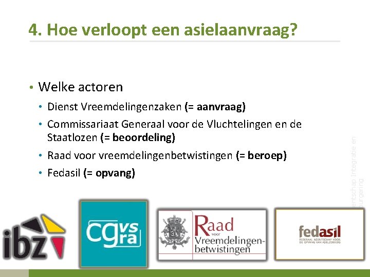 4. Hoe verloopt een asielaanvraag? • Welke actoren • Dienst Vreemdelingenzaken (= aanvraag) Staatlozen