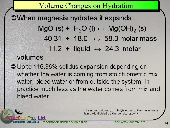 Volume Changes on Hydration ÜWhen magnesia hydrates it expands: Mg. O (s) + H