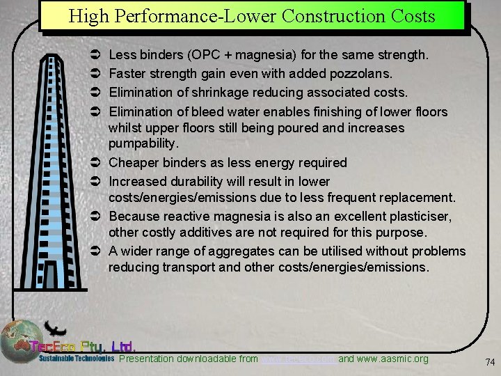 High Performance-Lower Construction Costs Ü Ü Ü Ü Less binders (OPC + magnesia) for