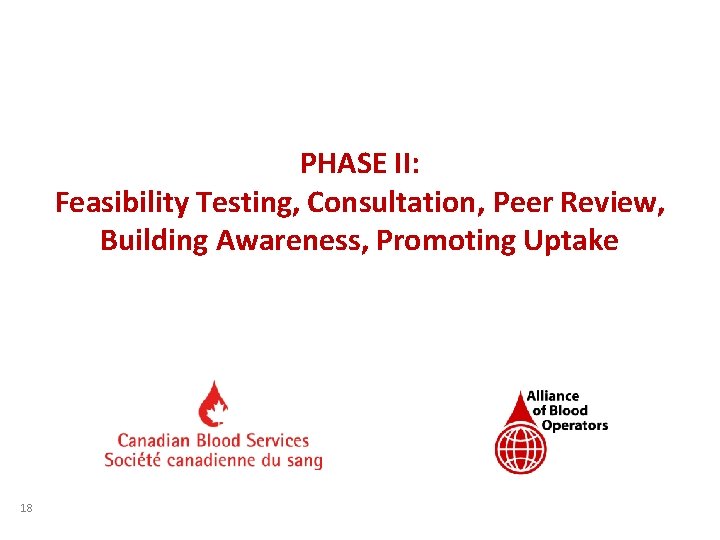 PHASE II: Feasibility Testing, Consultation, Peer Review, Building Awareness, Promoting Uptake 18 