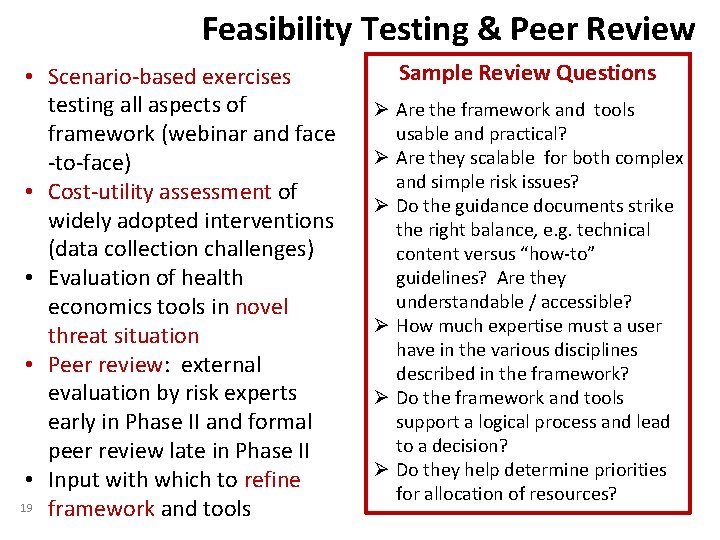 Feasibility Testing & Peer Review • Scenario-based exercises testing all aspects of framework (webinar