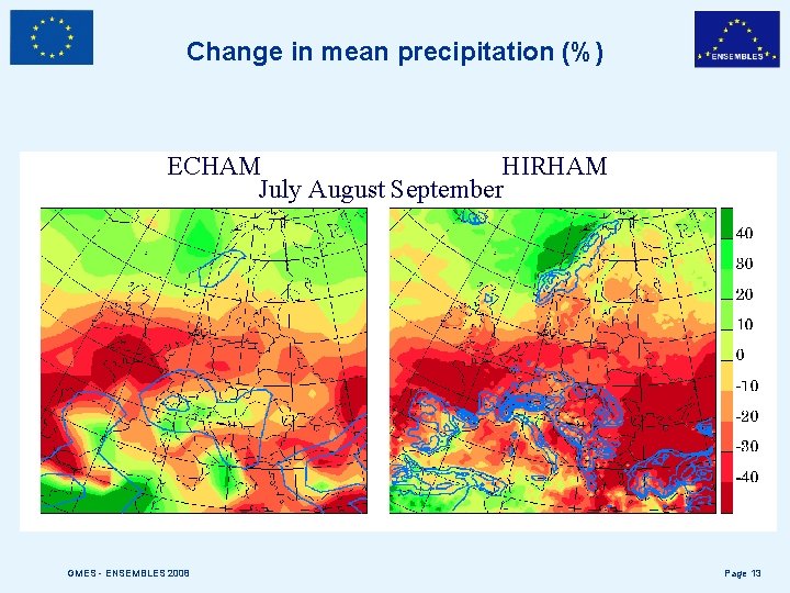 Change in mean precipitation (%) ECHAM HIRHAM July August September GMES - ENSEMBLES 2008