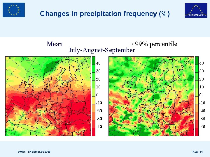 Changes in precipitation frequency (%) Mean GMES - ENSEMBLES 2008 > 99% percentile July-August-September