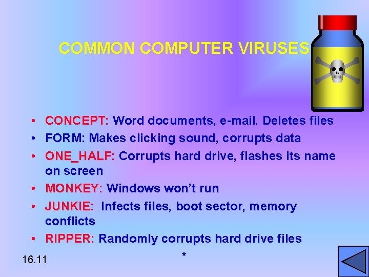 COMMON COMPUTER VIRUSES • • • CONCEPT: Word documents, e-mail. Deletes files FORM: Makes