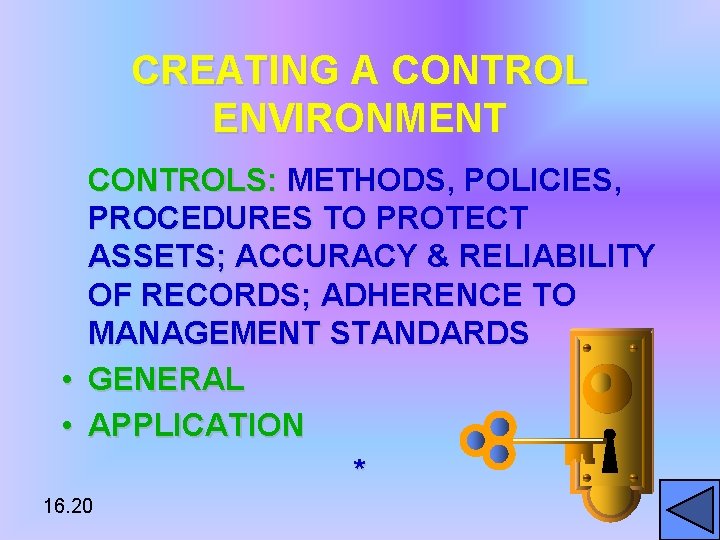 CREATING A CONTROL ENVIRONMENT CONTROLS: METHODS, POLICIES, PROCEDURES TO PROTECT ASSETS; ACCURACY & RELIABILITY