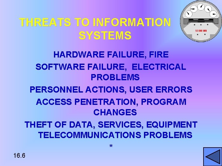 THREATS TO INFORMATION SYSTEMS HARDWARE FAILURE, FIRE SOFTWARE FAILURE, ELECTRICAL PROBLEMS PERSONNEL ACTIONS, USER