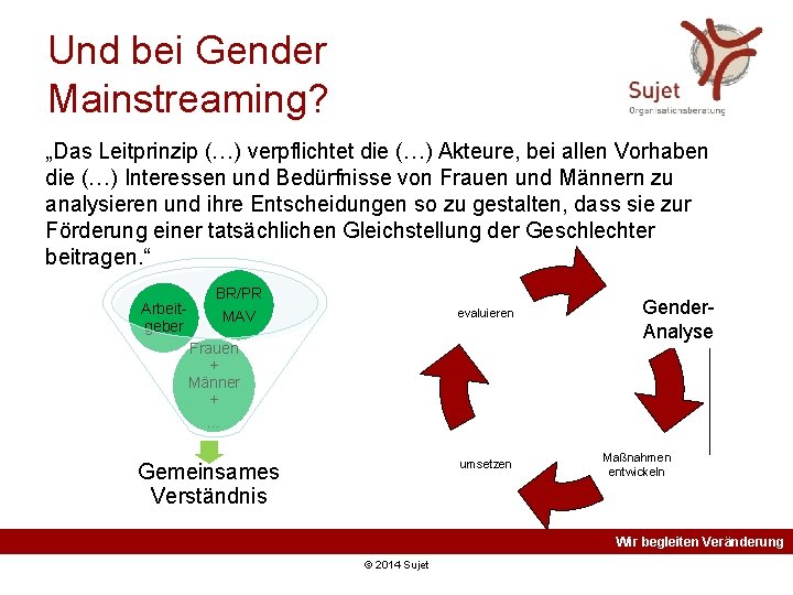 Und bei Gender Mainstreaming? „Das Leitprinzip (…) verpflichtet die (…) Akteure, bei allen Vorhaben