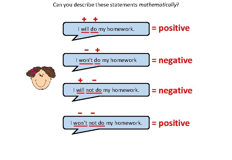 Can you describe these statements mathematically? + + I will do my homework. −