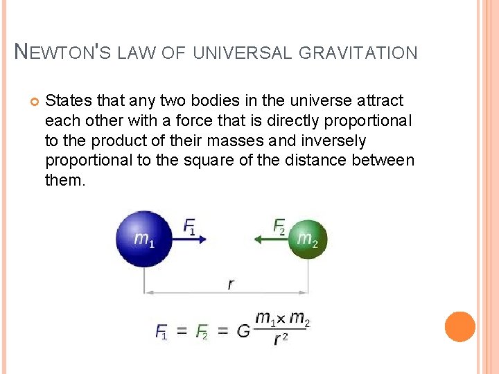 NEWTON'S LAW OF UNIVERSAL GRAVITATION States that any two bodies in the universe attract