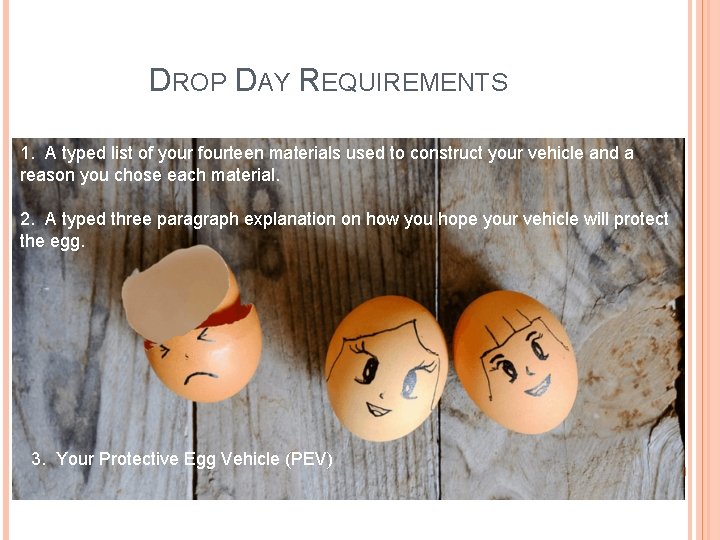 DROP DAY REQUIREMENTS 1. A typed list of your fourteen materials used to construct