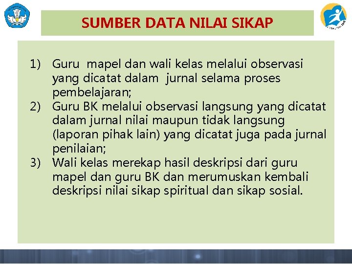 SUMBER DATA NILAI SIKAP 1) Guru mapel dan wali kelas melalui observasi yang dicatat