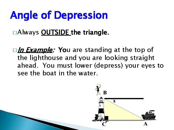 Angle of Depression � Always � In OUTSIDE the triangle. Example: You are standing
