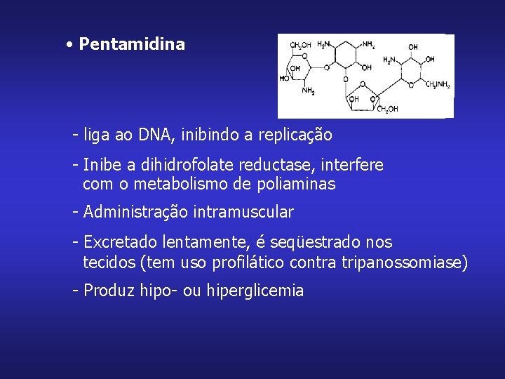  • Pentamidina - liga ao DNA, inibindo a replicação - Inibe a dihidrofolate