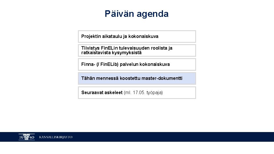 Päivän agenda Projektin aikataulu ja kokonaiskuva Tiivistys Fin. ELin tulevaisuuden roolista ja ratkaistavista kysymyksistä