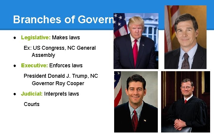 Branches of Government ● Legislative: Makes laws Ex: US Congress, NC General Assembly ●