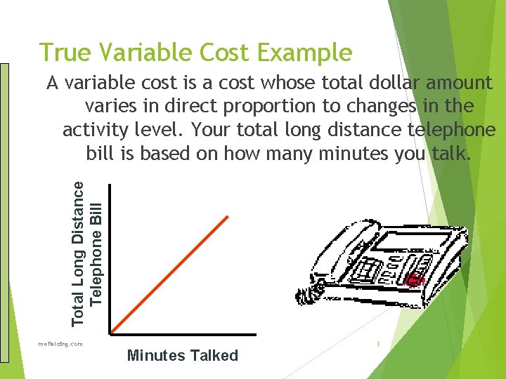 True Variable Cost Example Total Long Distance Telephone Bill A variable cost is a